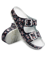 Klapki Damskie Do Pracy Ze Skóry Naturalnej Helios 288 w Kwiaty