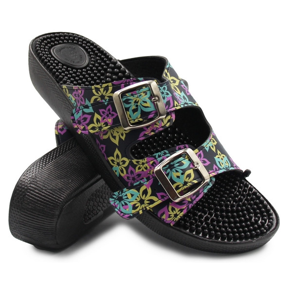 Klapki Damskie Masująca Wkładka Kwiaty 03/C2F Nero/Iris Fin-Flex