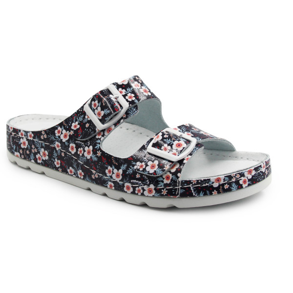 Klapki Damskie Do Pracy Ze Skóry Naturalnej Helios 288 w Kwiaty