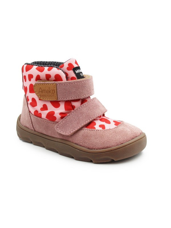 Różowe Buty Dla Dziewczynki Ocieplane za Kostkę Barefoot Ameko Elon Hearts