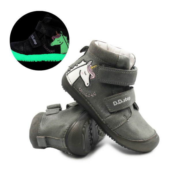 Buty Dziewczęce Na Jesień z Jednorożcem Świecące w Ciemności BAREFOOT DD STEP A063-52815M Dark Grey