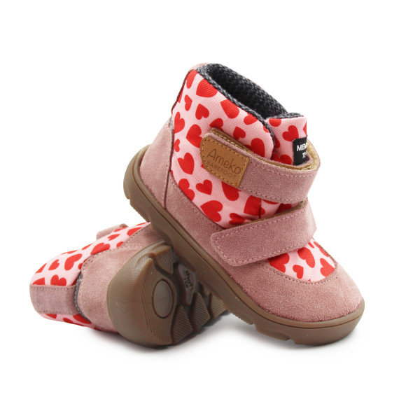 Różowe Buty Dla Dziewczynki Ocieplane za Kostkę Barefoot Ameko Elon Hearts