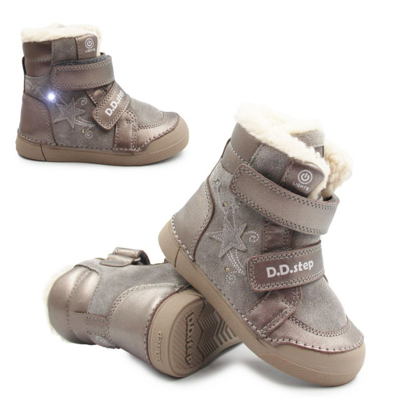 Dziewczęce Buty Zimowe Ocieplane LED Futerko DD STEP W068-52745AM Bronze