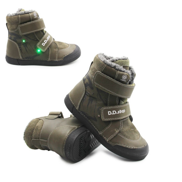 Chłopięce Buty Zimowe Świecące LED DD STEP W068-52998L Khaki