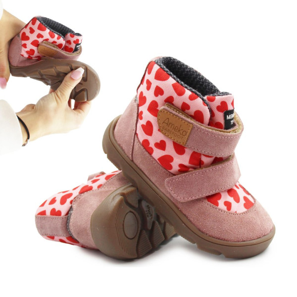Różowe Buty Dla Dziewczynki Ocieplane za Kostkę Barefoot Ameko Elon Hearts