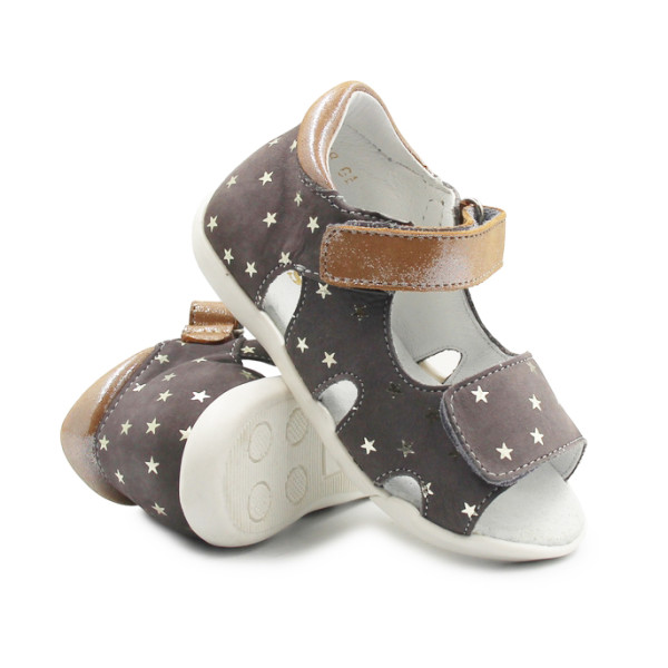 Sandały Buty Mido 162 szary-gwiazdki Dziewczęce Sandały na Rzep - Złote wstawki